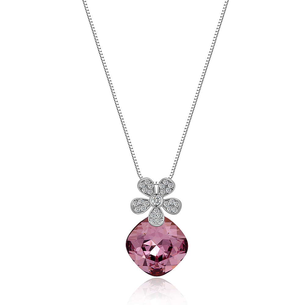 Lovely Flower Necklace with Pink Big Swarovski Crystal